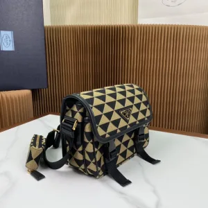 Prada Geometric Backpack Medium Black Beige Silver Hardware