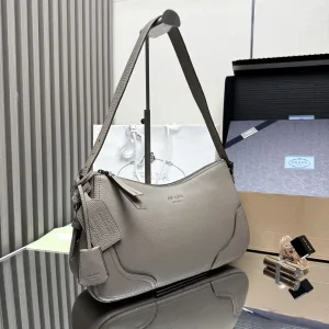 Prada Hobo Shoulder Bag Medium Gray Silver Hardware