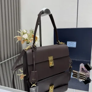 Prada Leather Briefcase Medium Dark Brown Gold Hardware