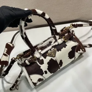 Prada Pony Hair Barrel Bag Small Brown White Gold Hardware