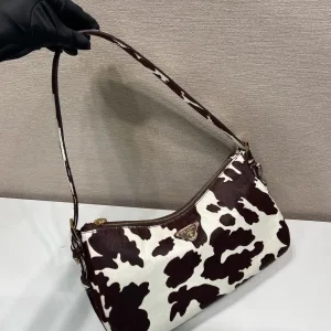 Prada Pony Hair Shoulder Bag Medium Brown White Silver Hardware