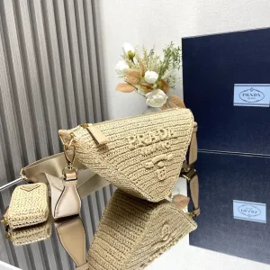 Prada Raffia Gift Set Medium Natural Gold Hardware