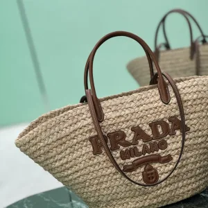 Prada Raffia Logo Tote Medium Natural Brown Gold Hardware
