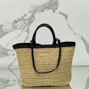 Prada Raffia Logo Tote Small Natural Black Gold Hardware