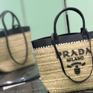 Prada Raffia Logo Tote Small Natural Black Gold Hardware Variant 2