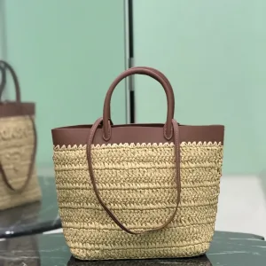 Prada Raffia Logo Tote Small Natural Brown Gold Hardware