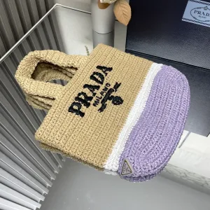Prada Raffia Logo Tote Small Natural Purple Gold Hardware