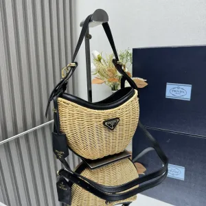 Prada Raffia Moon Bag Medium Natural Black Gold Hardware