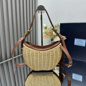 Prada Raffia Moon Bag Medium Natural Brown Gold Hardware