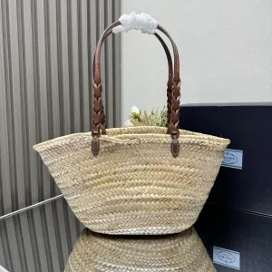Prada Raffia Tote Medium Natural Burgundy Gold Hardware