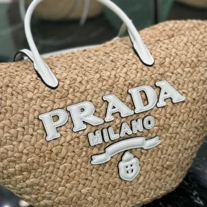 Prada Raffia Tote Medium Natural White Silver Hardware