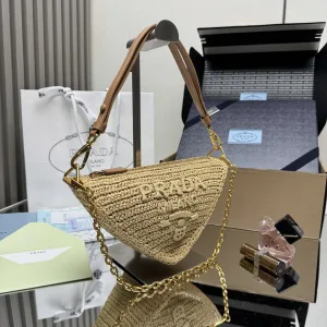 Prada Raffia Triangle Shoulder Bag Medium Natural Gold Hardware
