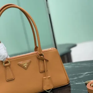 Prada Saffiano Double Tote Medium Caramel Gold Hardware