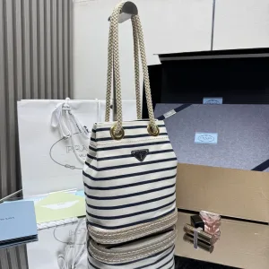 Prada Striped Bucket Bag Medium White Black Gold Hardware