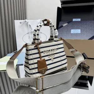 Prada Striped Canvas Tote Medium White Black Gold Hardware