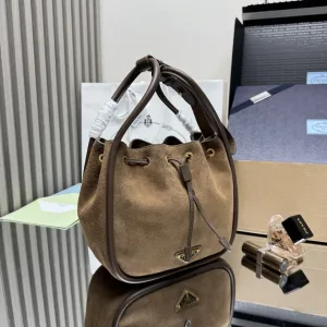 Prada Suede Bucket Bag Medium Taupe Gold Hardware