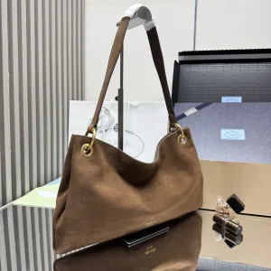 Prada Suede Hobo Medium Brown Gold Hardware