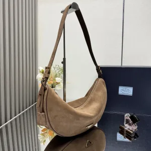 Prada Suede Moon Bag Medium Beige Gold Hardware