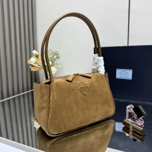 Prada Suede Shoulder Bag Medium Camel Gold Hardware