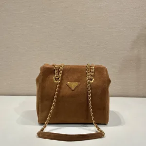 Prada Suede Tote Medium Brown Gold Hardware