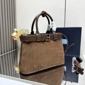 Prada Suede Tote Medium Brown Silver Hardware
