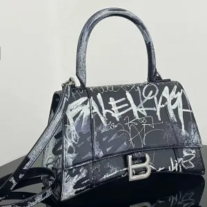 Balenciaga Hourglass Top Handle Small Black Graffiti 23cm
