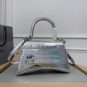 Balenciaga Hourglass Top Handle Small Silver Croc 23cm