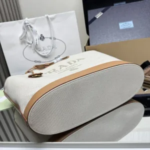 Prada Canvas Tote Medium White Brown Gold Hardware