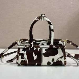 Prada Pony Hair Barrel Bag Small Brown White Gold Hardware