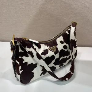 Prada Pony Hair Shoulder Bag Medium Brown White Silver Hardware
