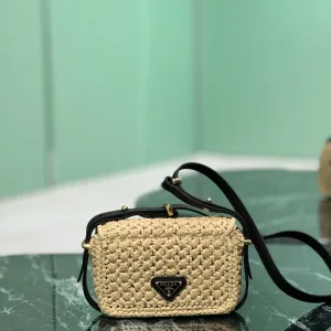 Prada Raffia Camera Bag Small Natural Black Gold Hardware
