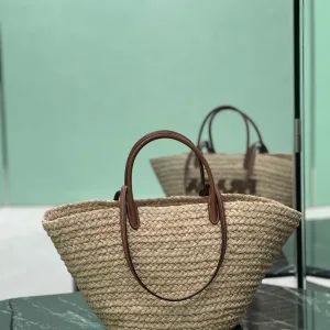 Prada Raffia Logo Tote Medium Natural Brown Gold Hardware