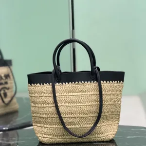 Prada Raffia Logo Tote Small Natural Black Gold Hardware Variant 2