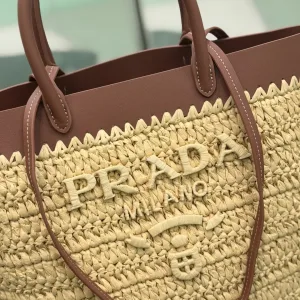 Prada Raffia Logo Tote Small Natural Brown Gold Hardware