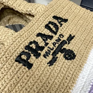 Prada Raffia Logo Tote Small Natural Purple Gold Hardware