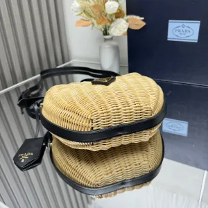 Prada Raffia Moon Bag Medium Natural Black Gold Hardware