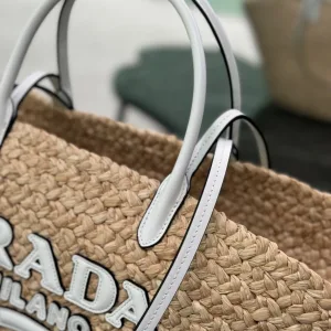 Prada Raffia Tote Medium Natural White Silver Hardware