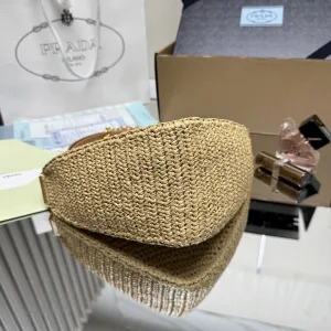 Prada Raffia Triangle Shoulder Bag Medium Natural Gold Hardware