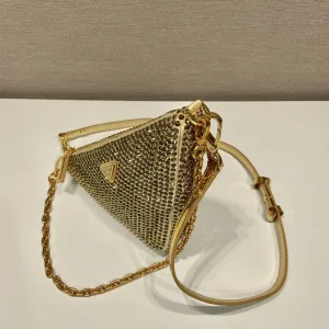 Prada Raffia Triangle Shoulder Bag Small Natural Gold Hardware