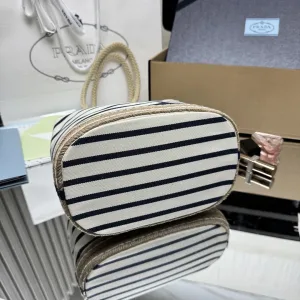 Prada Striped Bucket Bag Medium White Black Gold Hardware