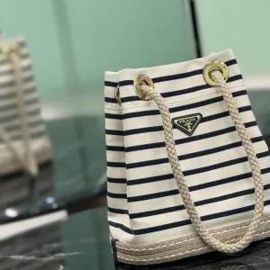 Prada Striped Bucket Bag Small White Black Gold Hardware