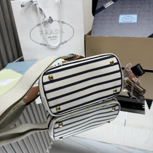 Prada Striped Canvas Tote Medium White Black Gold Hardware