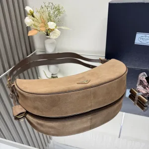 Prada Suede Moon Bag Medium Beige Gold Hardware