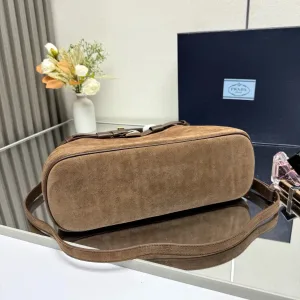 Prada Suede Tote Medium Brown Silver Hardware