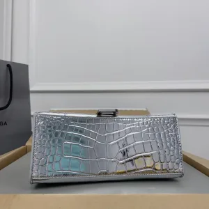Balenciaga Hourglass Top Handle Small Silver Croc 23cm