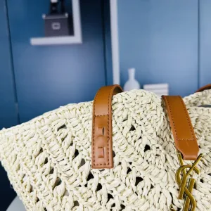Saint Laurent Raffia Basket Tote Bag Large Blue Gold Hardware Exact Size Unknown 004