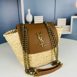 Saint Laurent Raffia Basket Tote Bag Large Brown Gold Hardware Exact Size Unknown 006