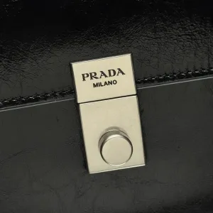 Prada Buckle Briefcase Medium Black Silver Hardware