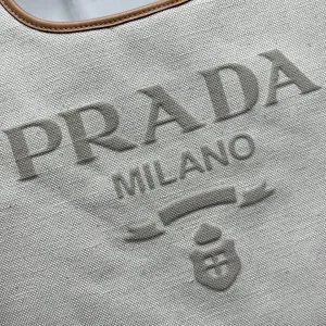 Prada Canvas Tote Medium White Brown Gold Hardware