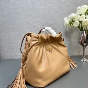 Prada Drawstring Bucket Bag Small Caramel Gold Hardware